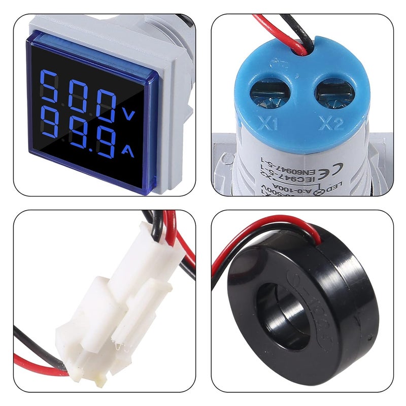 AiTrip 2Pack LED Display Voltmeter, Square Dual Display Voltmeter and Ammeter LED Digital Voltage Gauge AC 60-500V 0-100A Current Meter Indicator Blue - Image 2
